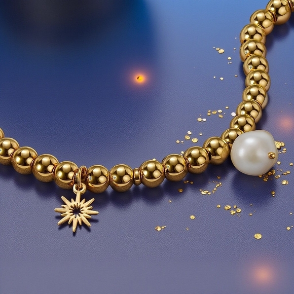 18K Gold Plated Stainless Steel Beaded Bracelet with Sun & Pearl Charms ✨ - Picture 8 of 12